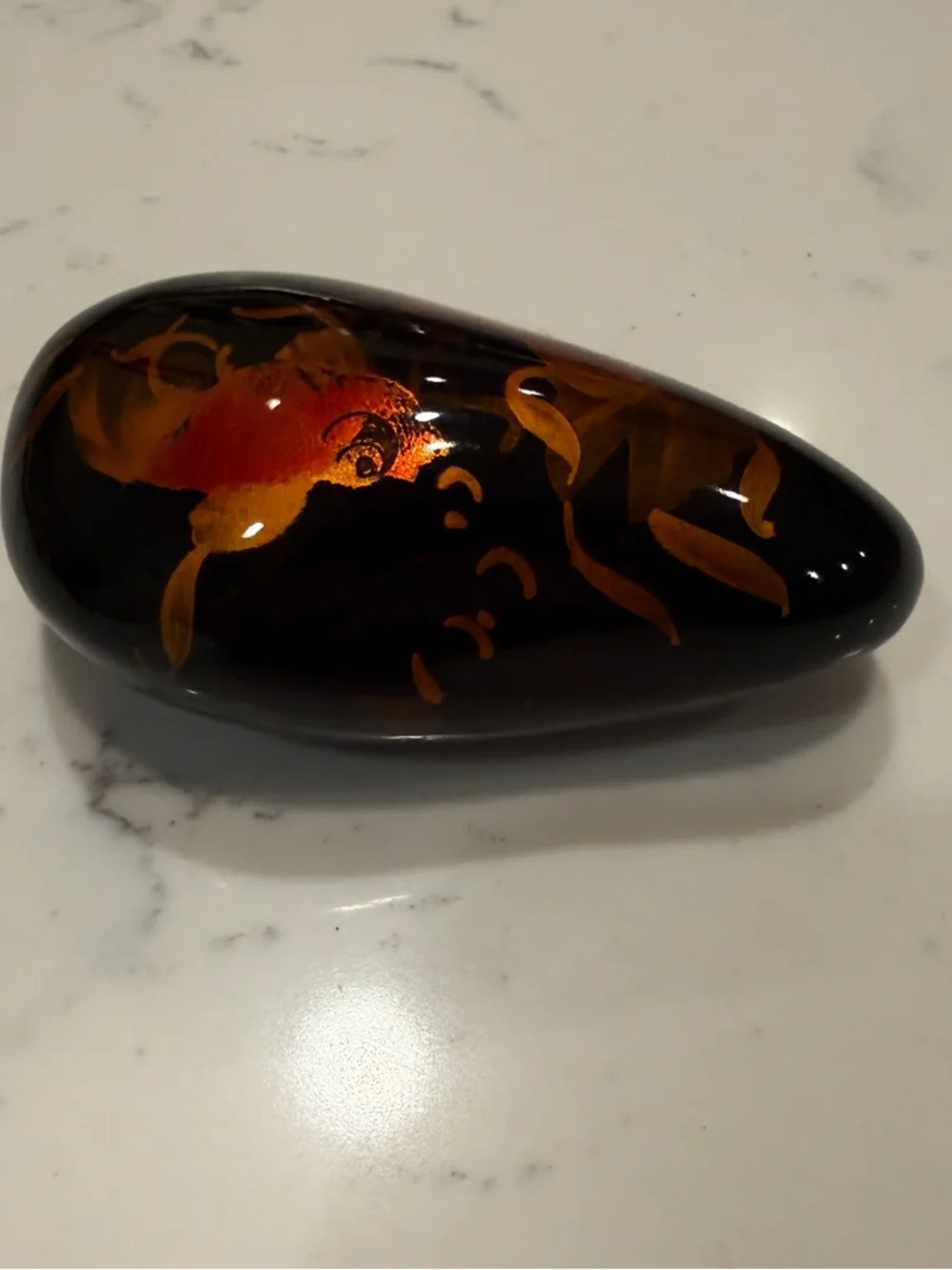 Paperweight Orange Koi on Black Laquered Stone Vietnam Hand Painted Vintage